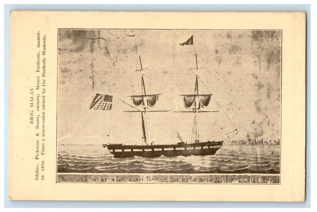 Brig Malay Essex Institute Tall Schooner Ship Unposted Postcard