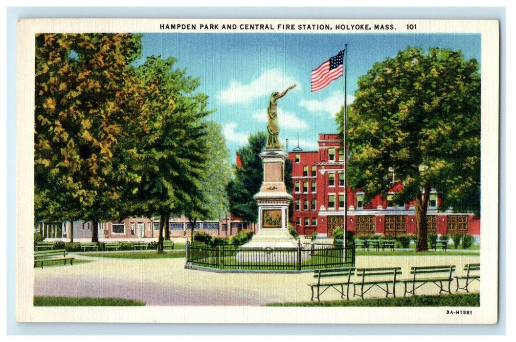 c1938 Central Fire Station and Hampden Park, Holyoke, Massachusetts MA Postcard