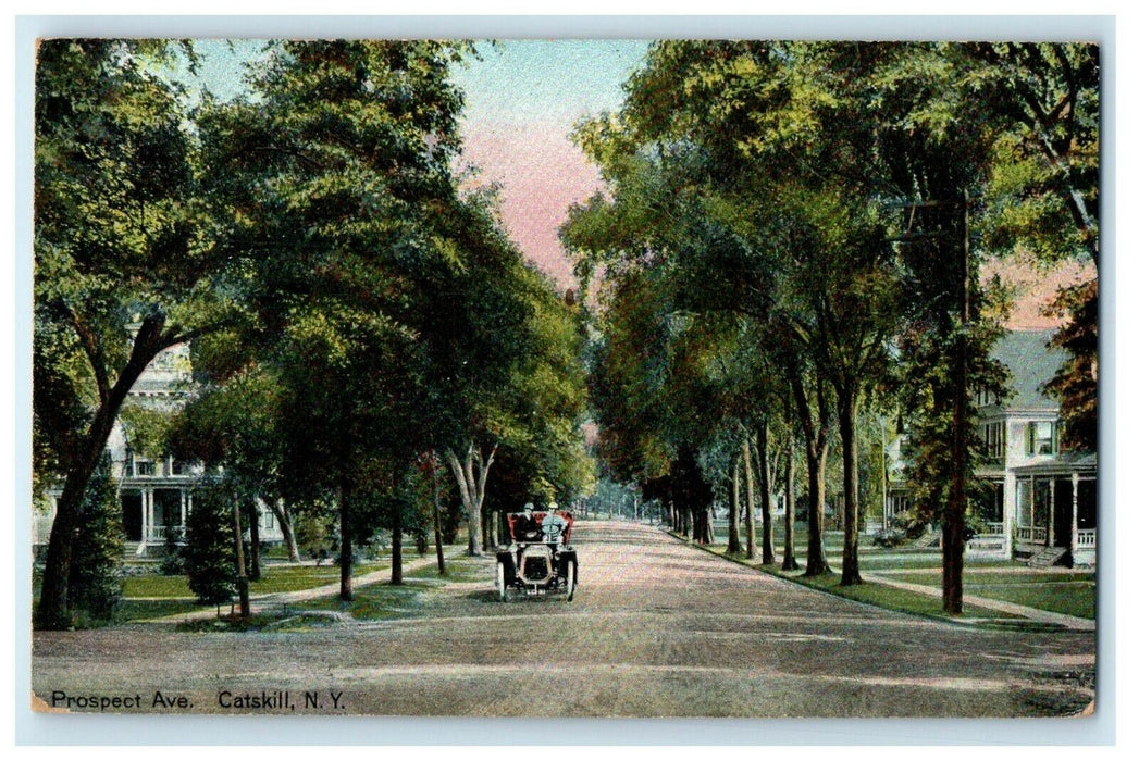 c1910's Prospect Avenue Couple Riding Car Catskill New York NY Antique Postcard