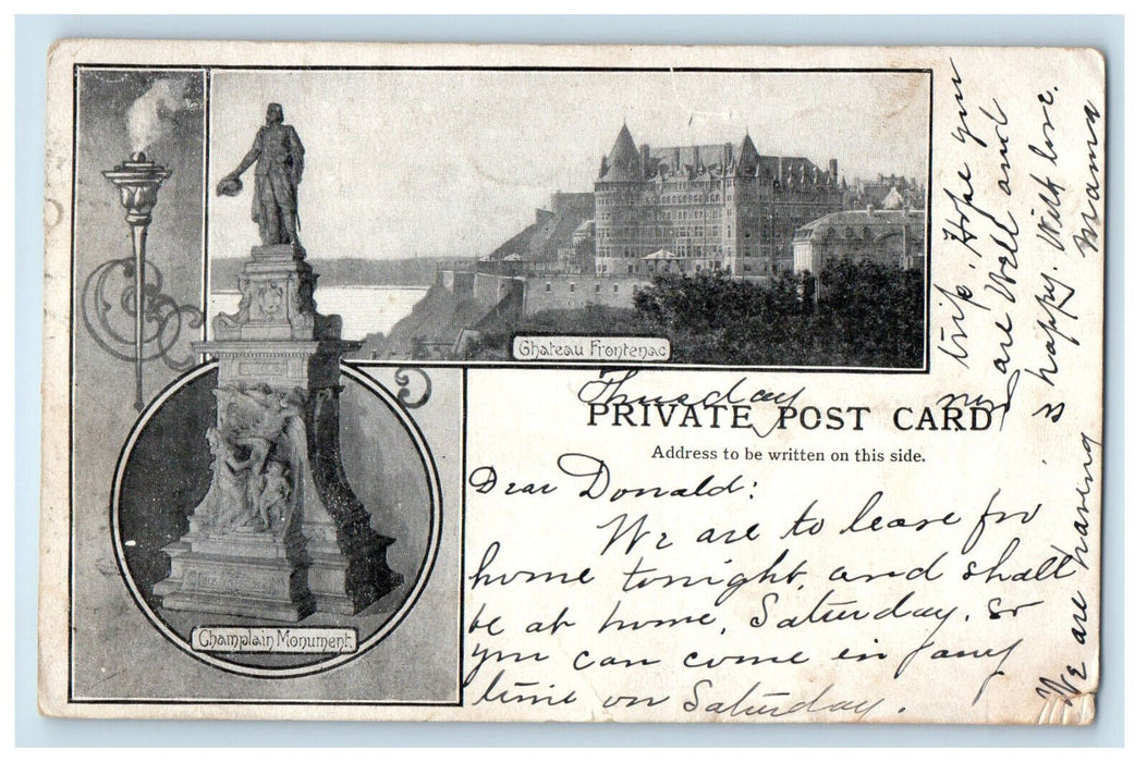 1910 Chateau Frontenac and Champlain Monument Canada Private Postcard