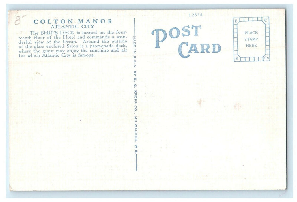 Ship's Deck A'Top Colton Manor Beach Scene Atlantic City New Jersey NJ Postcard