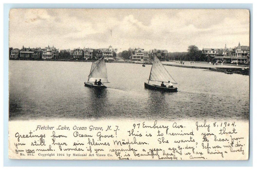 1904 Fletcher Lake Sailboat View Ocean Grove New Jersey NJ Antique Postcard