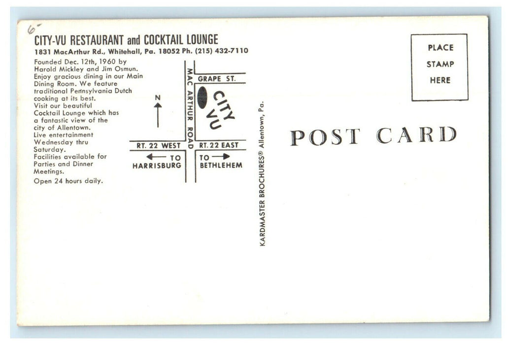 c1960's City-Vu Restaurant Cocktail Lounge Whitehall Pennsylvania PA Postcard