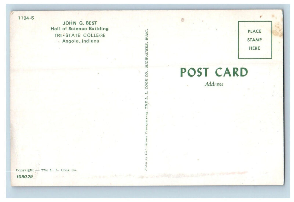 Hall Of Science Building Tri-State College Angola Indiana IN Vintage Postcard