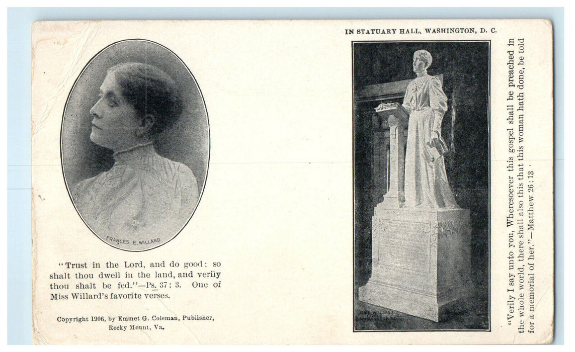 1906 Frances E Willard, In Statuary Hall, Washington DC Unposted Postcard