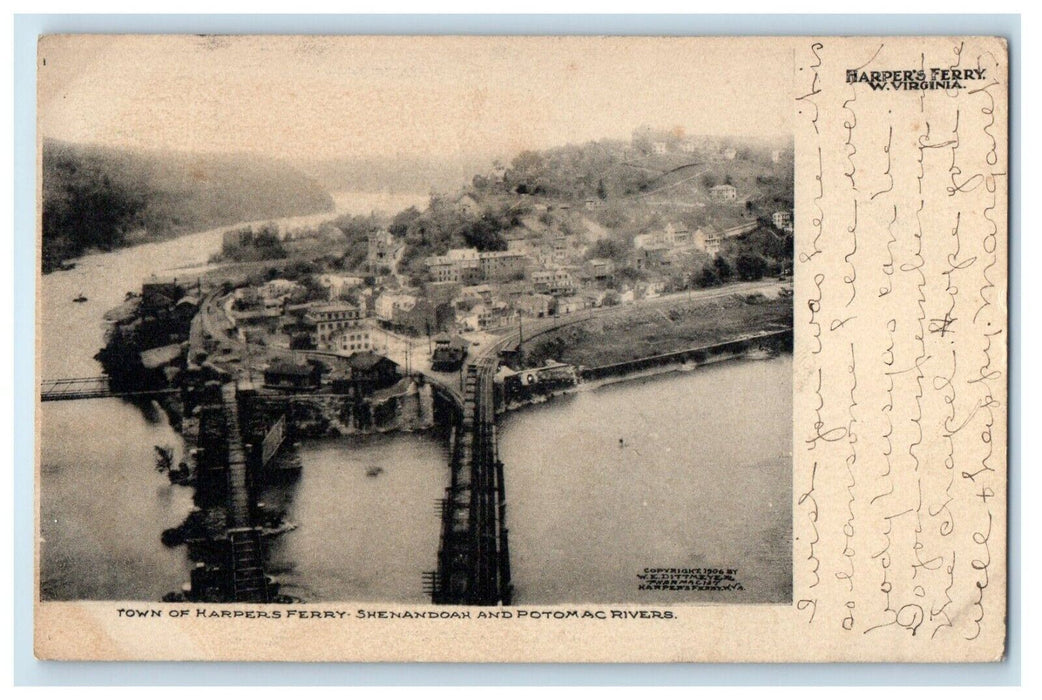 1909 Harper's Ferry WV, Town Of Shenandoah And Potomac Rivers Antique Postcard