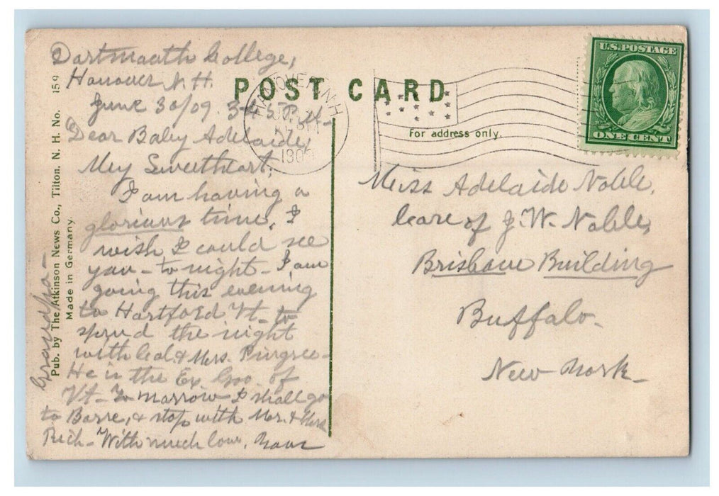 1909 Webster Hall Dartmouth College Hanover New Hampshire NH Antique Postcard