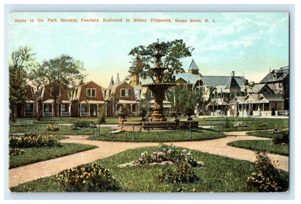Park Scene Showing Fountain Dedicated Bishop Fitzgerald Ocean Grove NJ Postcard