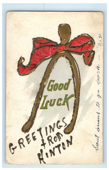 1907 Greetings From Hinton West Virginia WV, Wishbone Ribbon Glitter Postcard