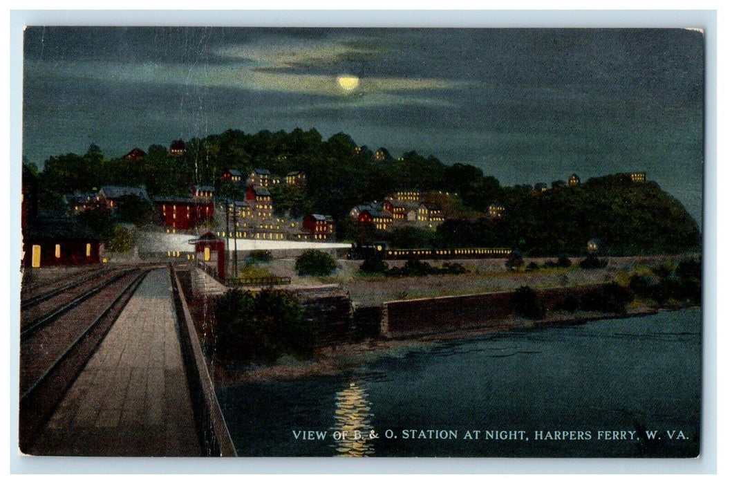 View of B & O Station at Night Moon View Harpers Ferry West Virginia WV Postcard