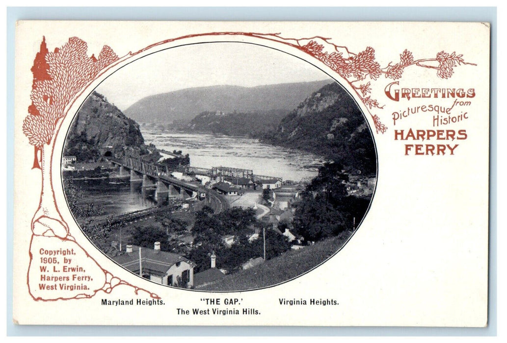 c1905 Greetings Harpers Ferry WV, The Gap West Virginia Hills Unposted Postcard