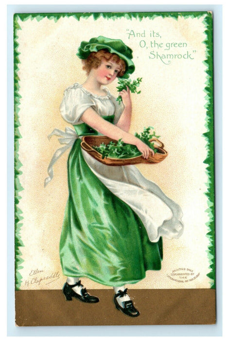 1909 St. Patrick's Girl w/ Clover Clapsaddle Dress Glenrock PA Posted Postcard