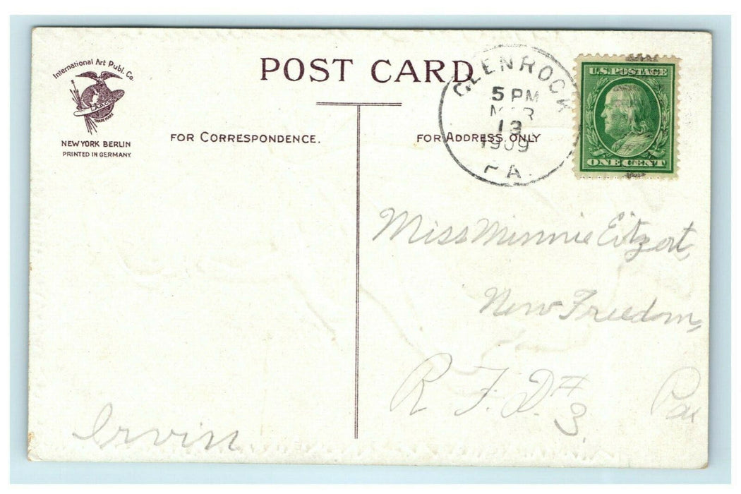 1909 St. Patrick's Girl w/ Clover Clapsaddle Dress Glenrock PA Posted Postcard