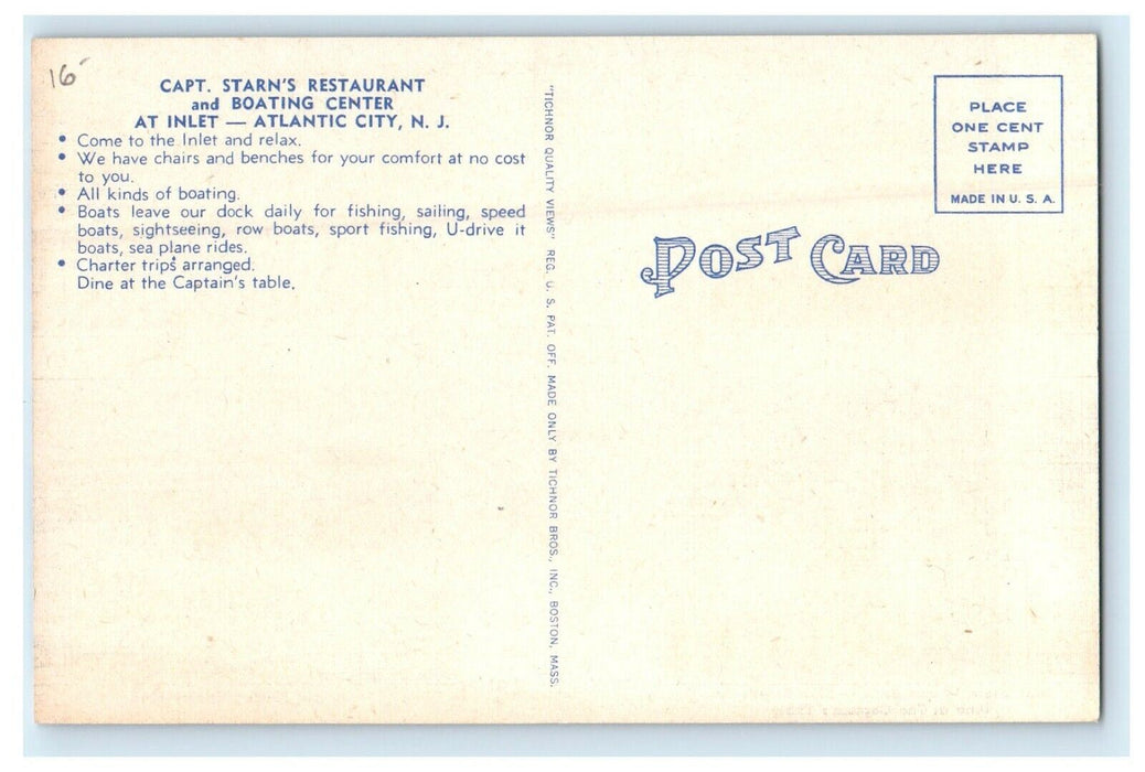 c1950's Capt. Starn's Restaurant And Boating Center Atlantic City NJ Postcard