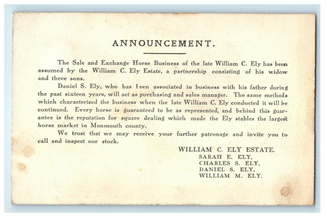 c1905 Monmouth County Ely Horse Stable Advertising Announcement Asbury Park Card
