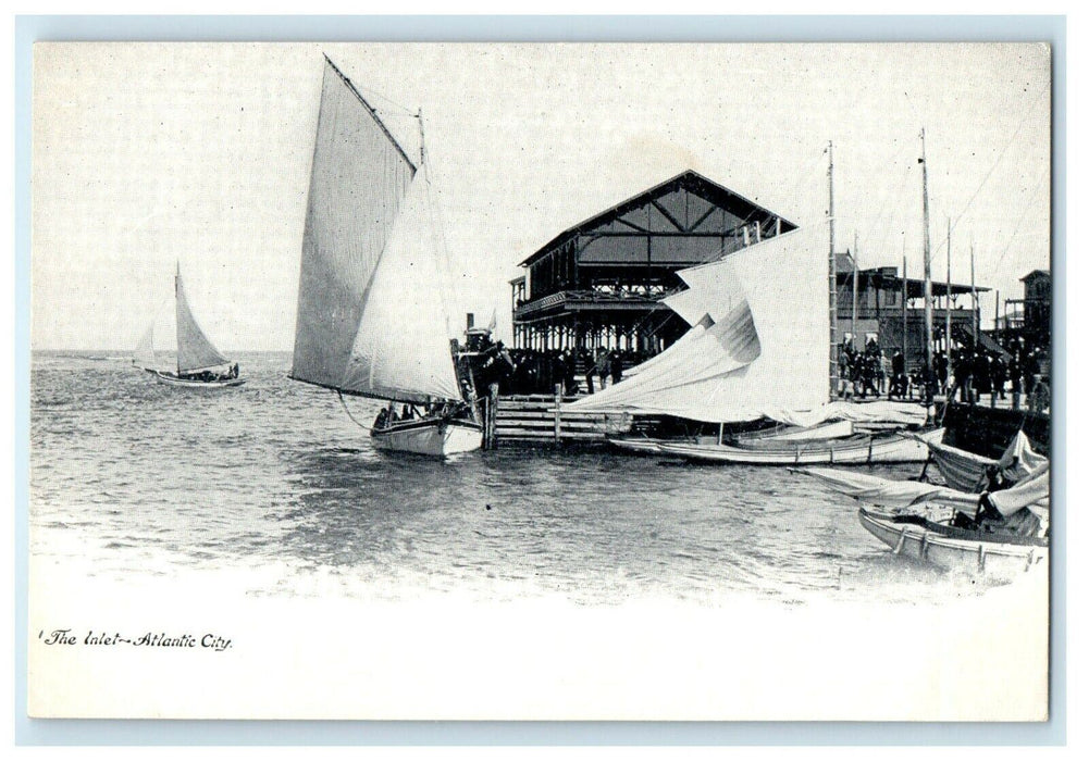 c1910 Sailboat Boat Scene At Inlet Atlantic City New Jersey NJ Antique Postcard