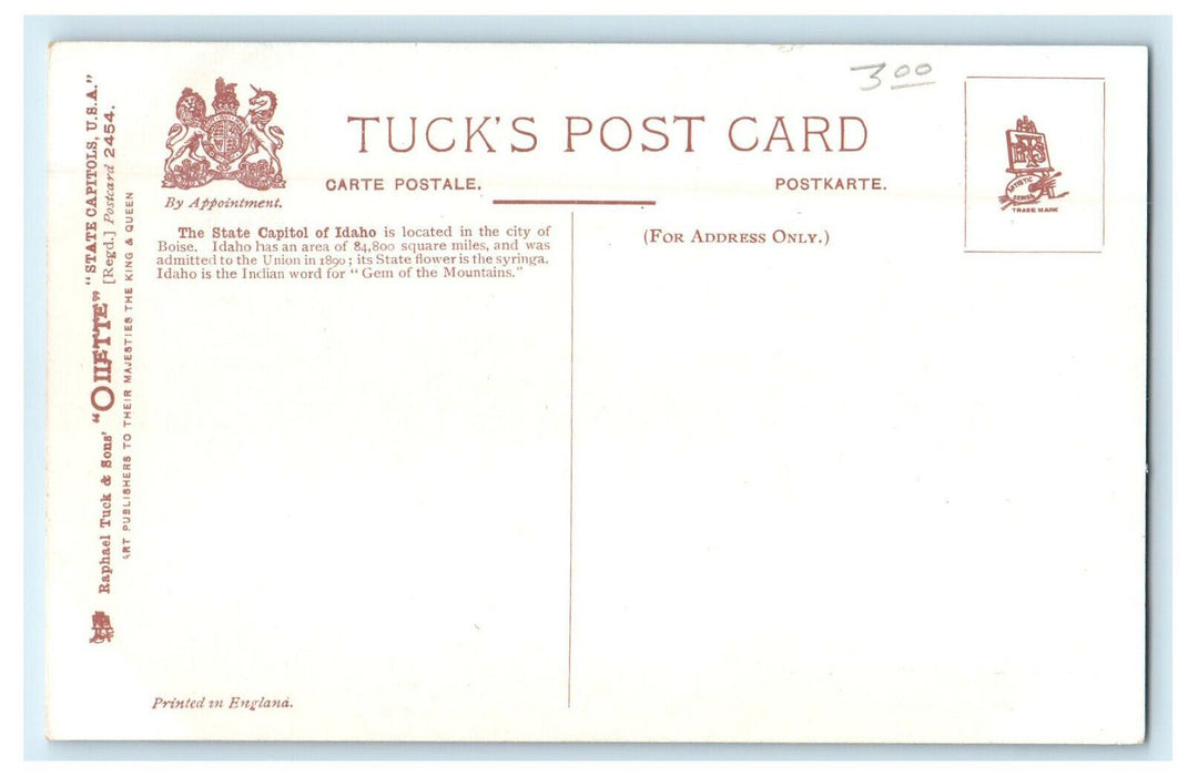c1910s The Idaho State Capitol, Boise Idaho ID Oilette Tuck Unposted Postcard