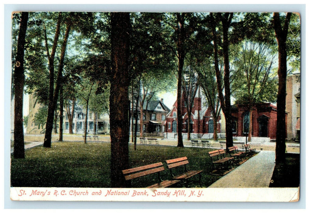 1907 St. Mary's RC Church and National Bank, Sandy Hill New York NY Postcard