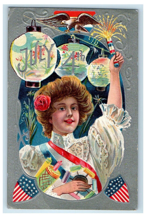 c1910 Victorian Girl Fireworks 4th of July Chinese Lantern Eagle Postcard