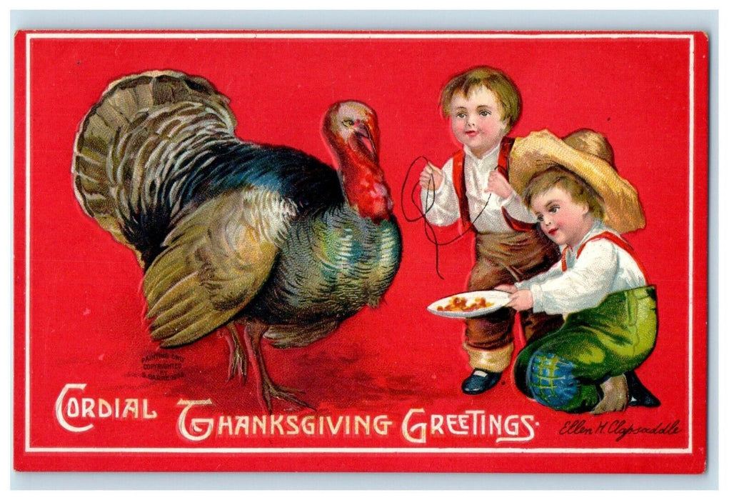 1908 Thanksgiving Children Feeding Turkey Clapsaddle Posted Embossed Postcard