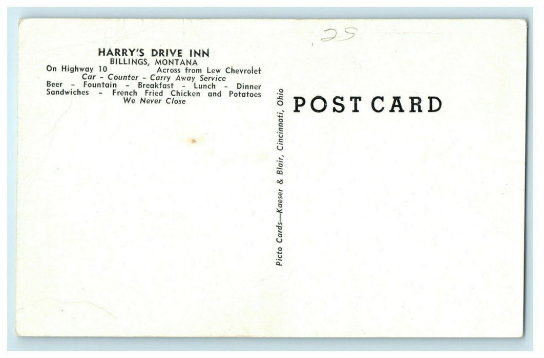 c1950's Harry's Drive Inn Billings Montana MT Vintage Unposted Postcard