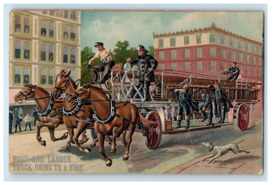 c1910 Hook Ladder Fire Truck Horses Dalmatian Dog Embossed Wagon Postcard