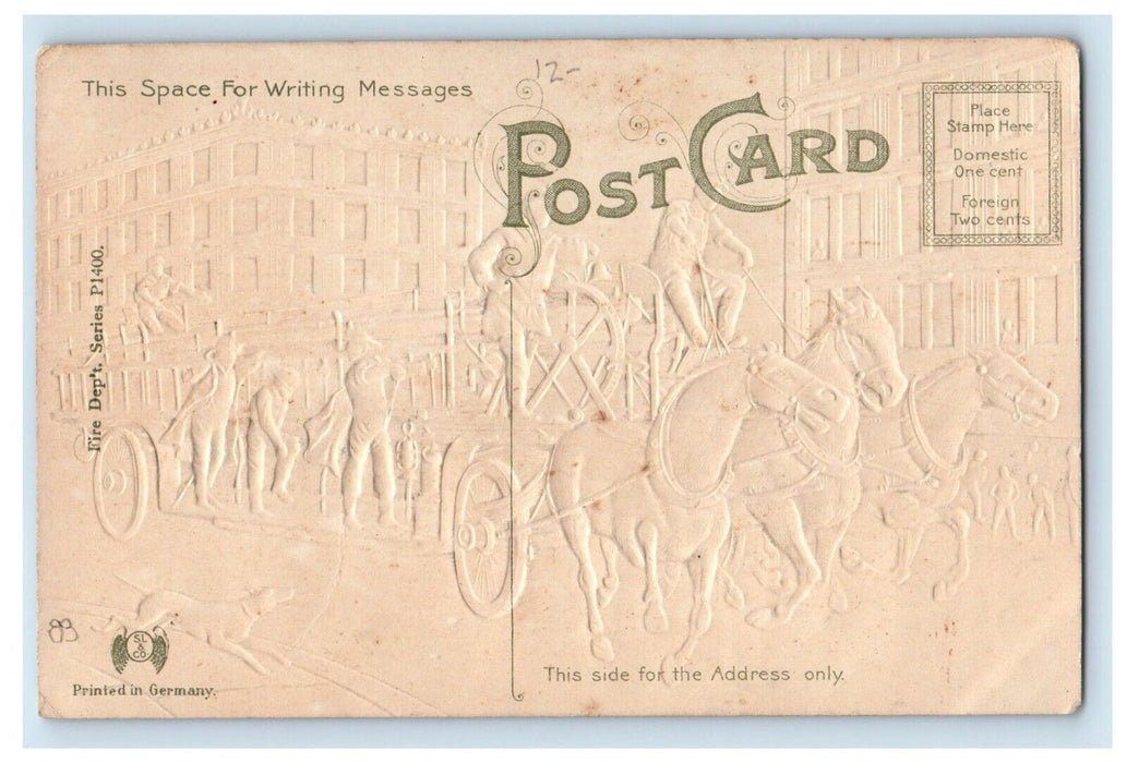 c1910 Hook Ladder Fire Truck Horses Dalmatian Dog Embossed Wagon Postcard
