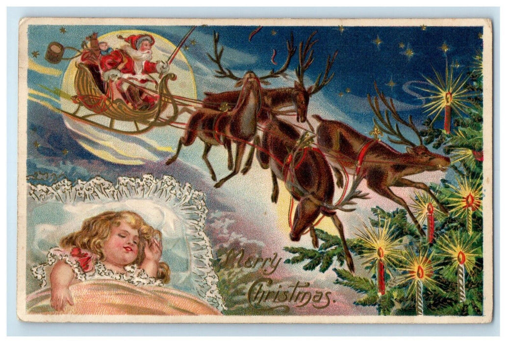 1909 Merry Christmas Santa Reindeer Sleigh Girl Dreaming Tree Candles Postcard