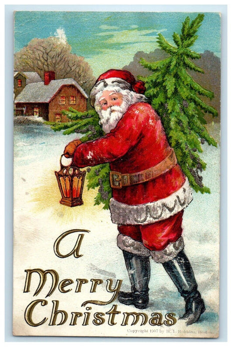c1910 Merry Christmas Santa Cut Down Tree Lantern Glitter Embossed Postcard