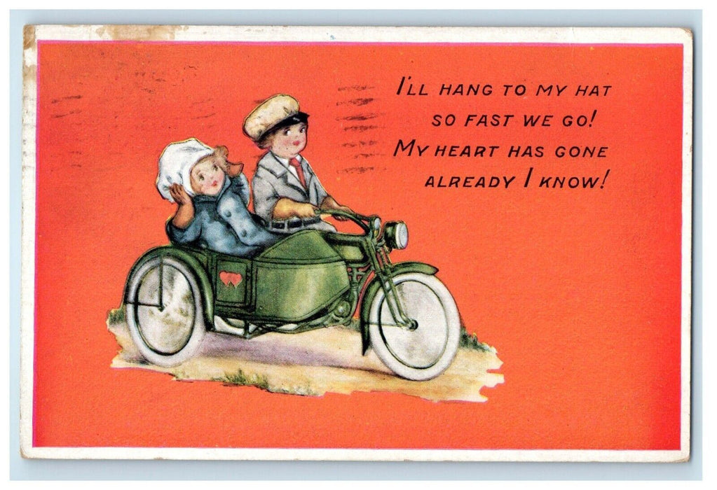 1917 Children Riding Motorcycle Valentine Whitney Made Buffalo NY Postcard