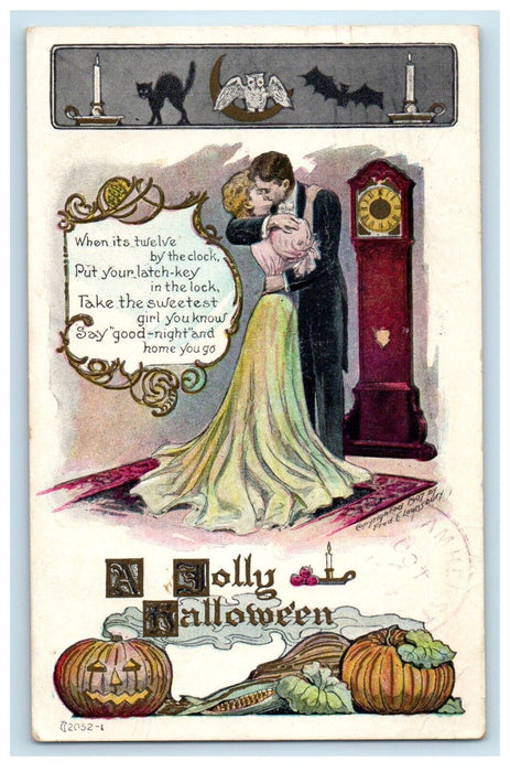 1907 Jolly Halloween Romance JOL Black Cat Owl Moon Bat Fred Lounsbury Postcard