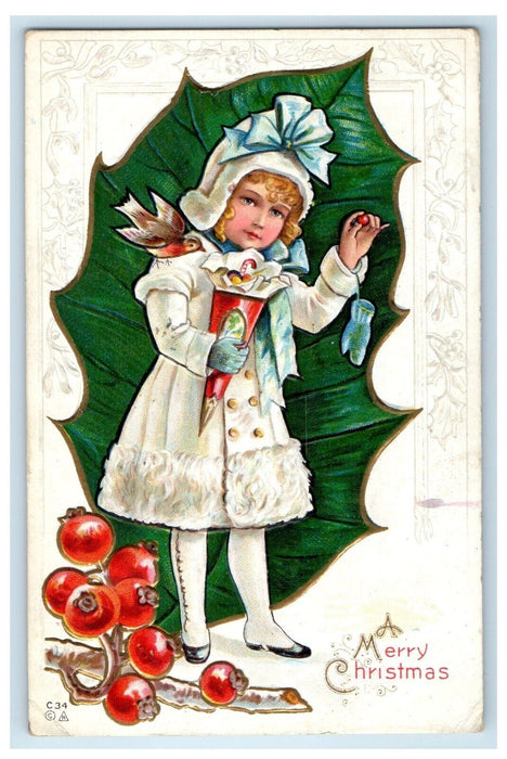 1912 Merry Christmas Nash Girl Dress Gloves Bird Candy Holly Embossed Postcard