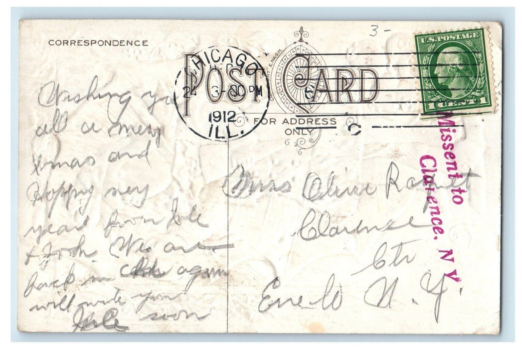 1912 Merry Christmas Nash Girl Dress Gloves Bird Candy Holly Embossed Postcard