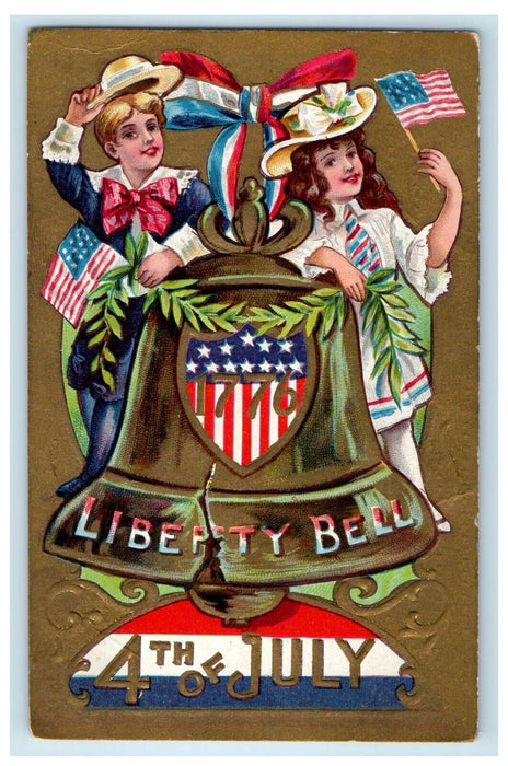 c1910 4th of July Nash Liberty Bell Children American Flag Girl Boy Postcard