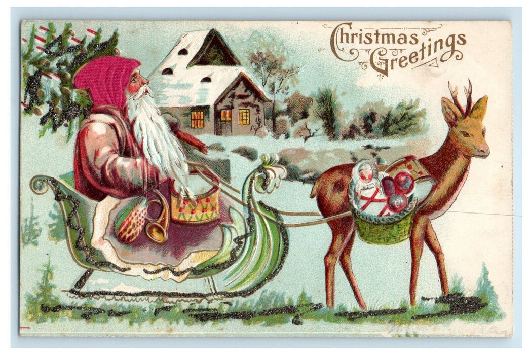 c1910 Brown Robe Old World Santa Sleigh Reindeer Silk Toys Christmas Postcard