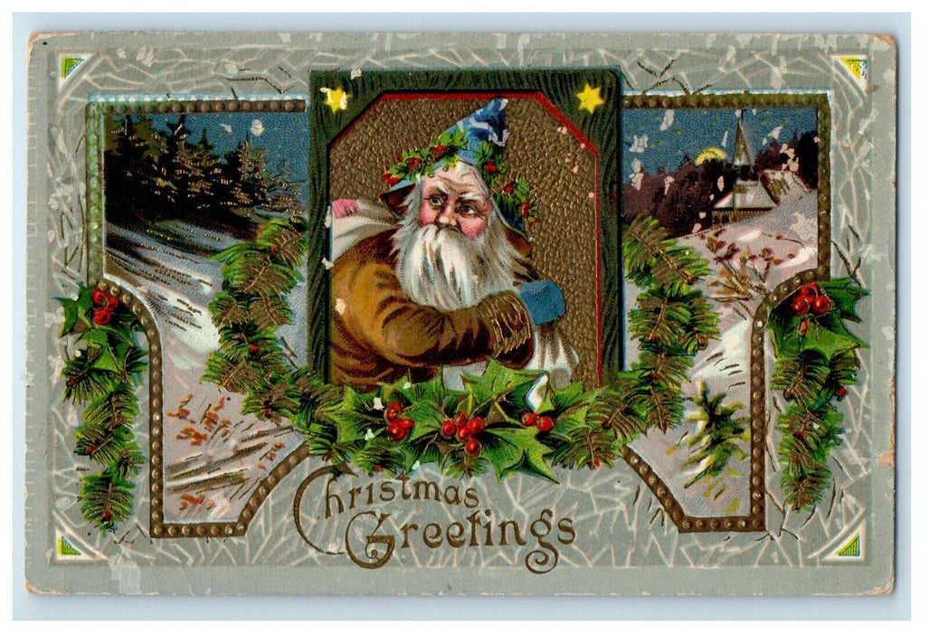 1910 Brown Robe Santa Old World Gold Gilt Gel Christmas Wreath Germany Postcard