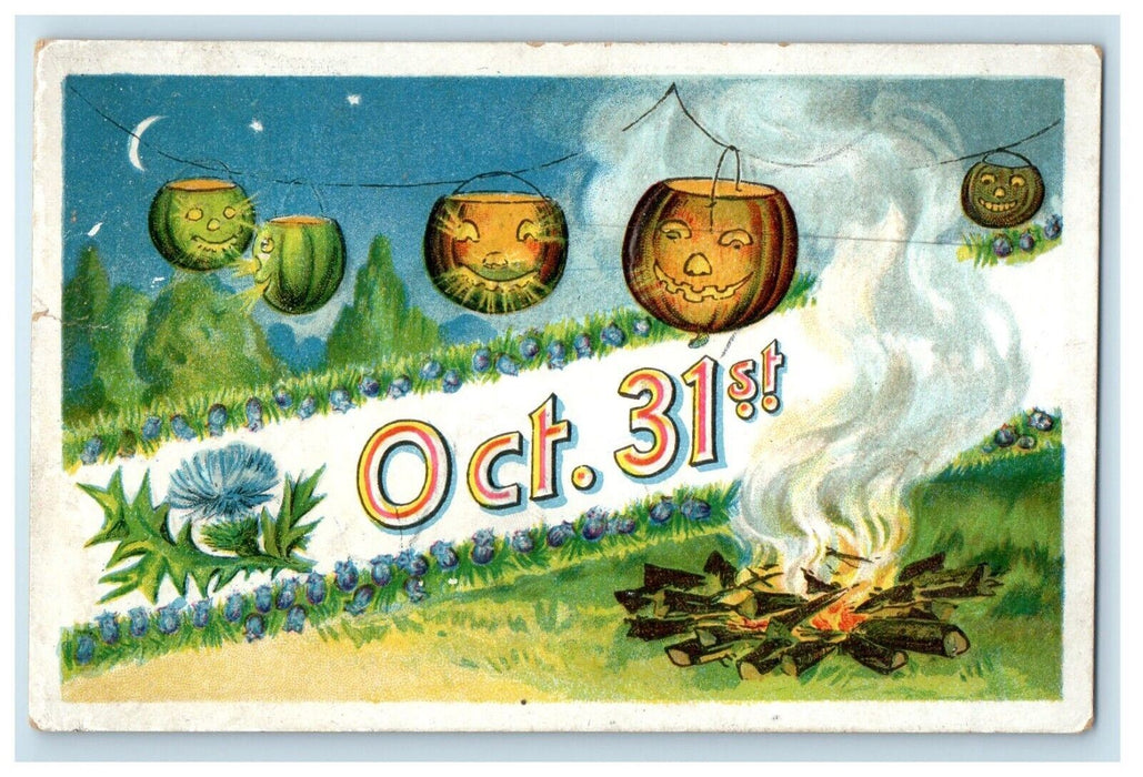 c1910 JOL Jack-o-Lanterns Halloween Bonfire Oct. 31st Moon Embossed Postcard