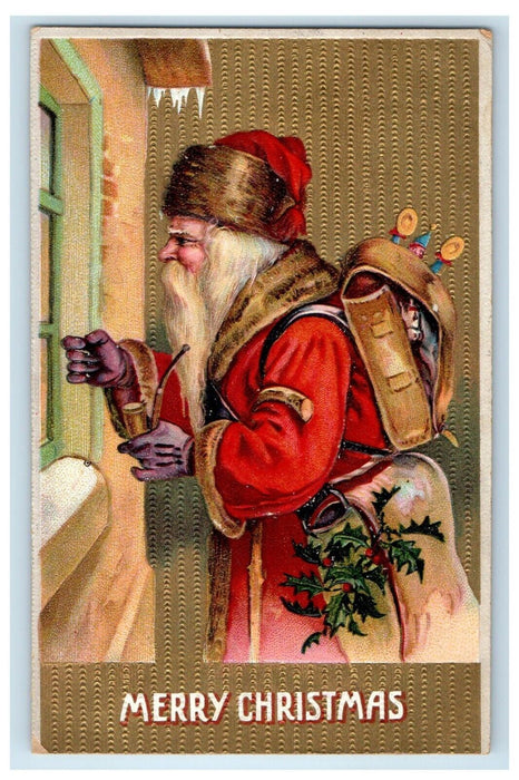 c1910 Red Robe Santa Christmas Pipe Toys Backpack Embossed Gold Postcard