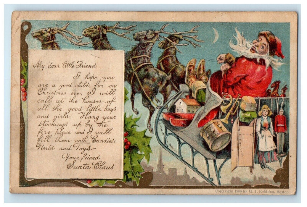 1906 Christmas Santa Riding Sleigh Reindeer Dolls Soldier Trumpet Moon Postcard