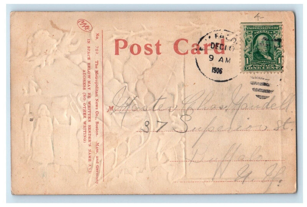 1906 Christmas Santa Riding Sleigh Reindeer Dolls Soldier Trumpet Moon Postcard