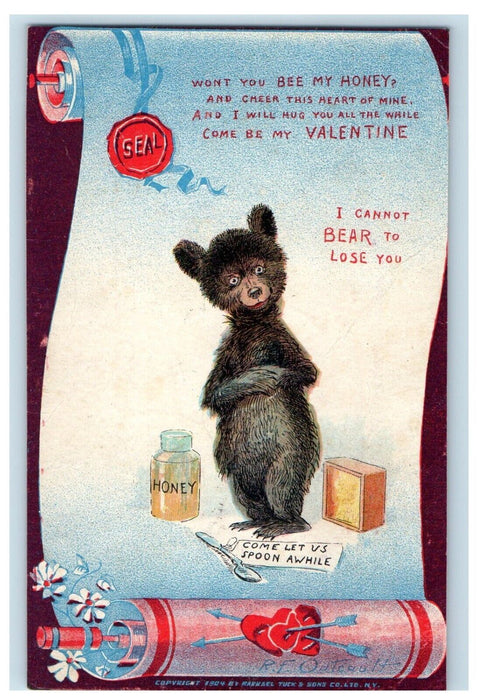 1906 Valentine Cute "Bear to Lose You" Honey Scroll R.F. Outcault Poem Postcard