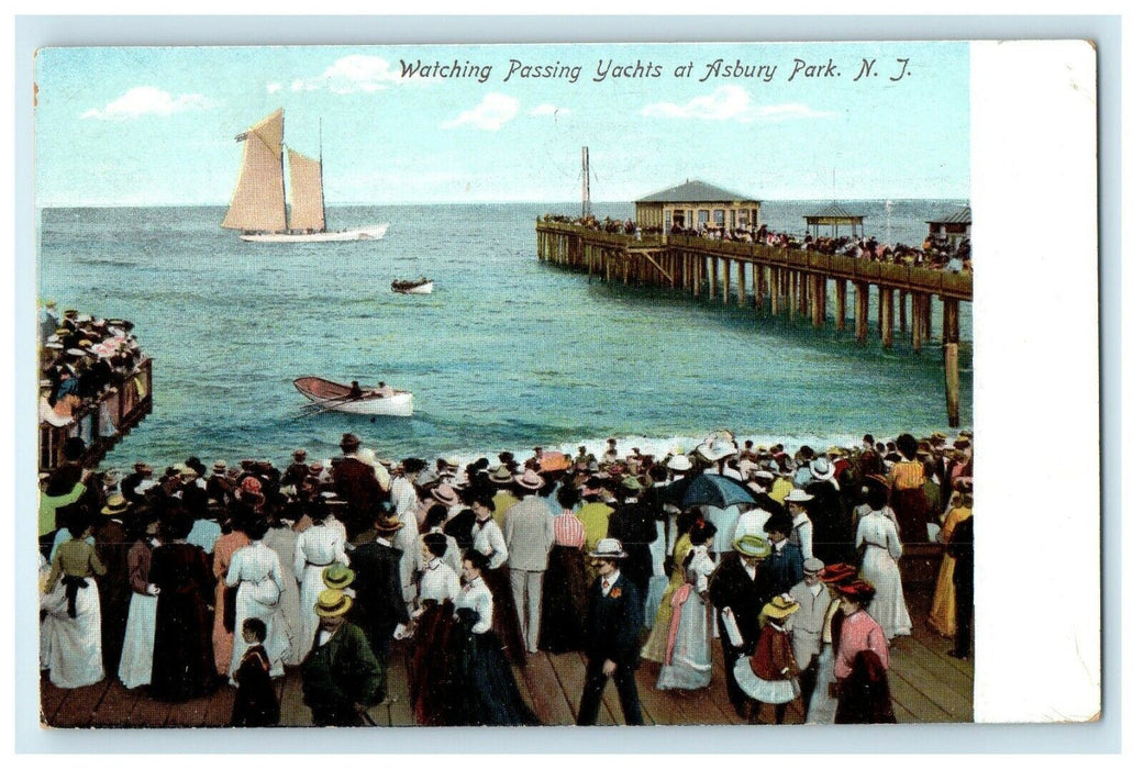 c1905 Watching Passing Yachts Boat At Asbury Park New Jersey NJ Antique Postcard