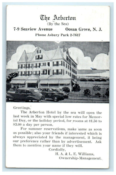 c1950 Arberton Hotel, Ocean Grove, New Jersey NJ RPPC Advertising Postcard