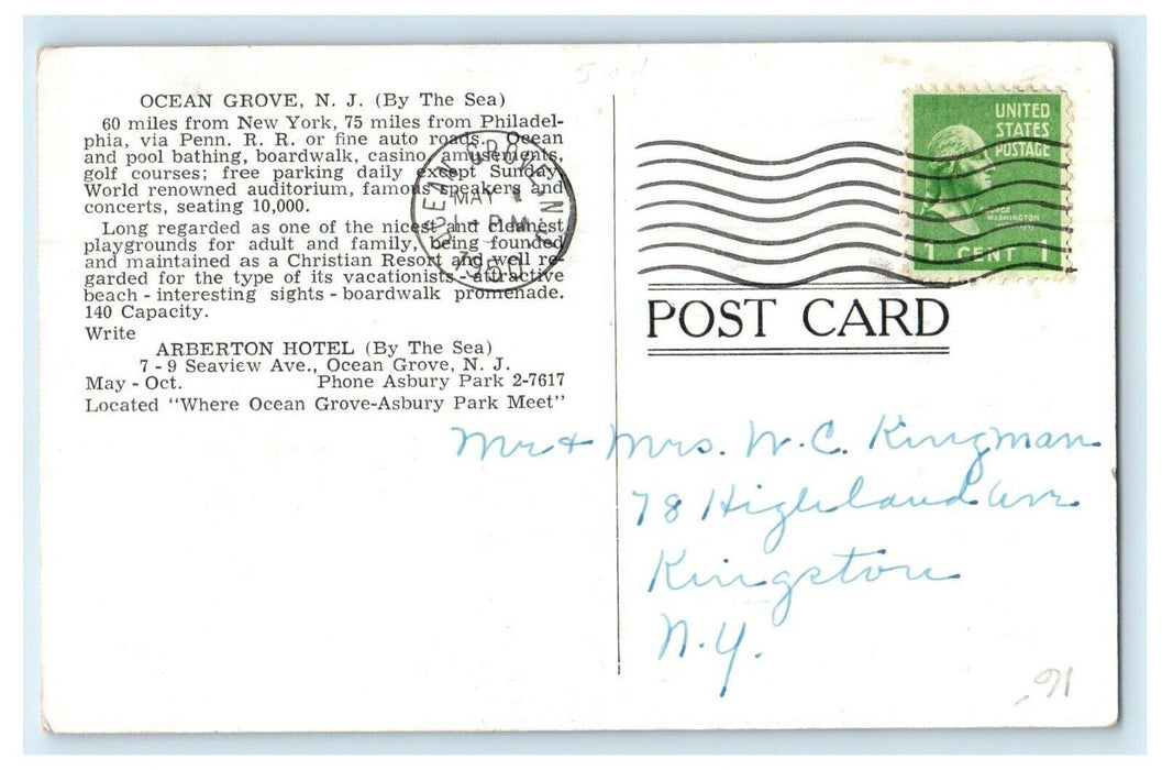 c1950 Arberton Hotel, Ocean Grove, New Jersey NJ RPPC Advertising Postcard