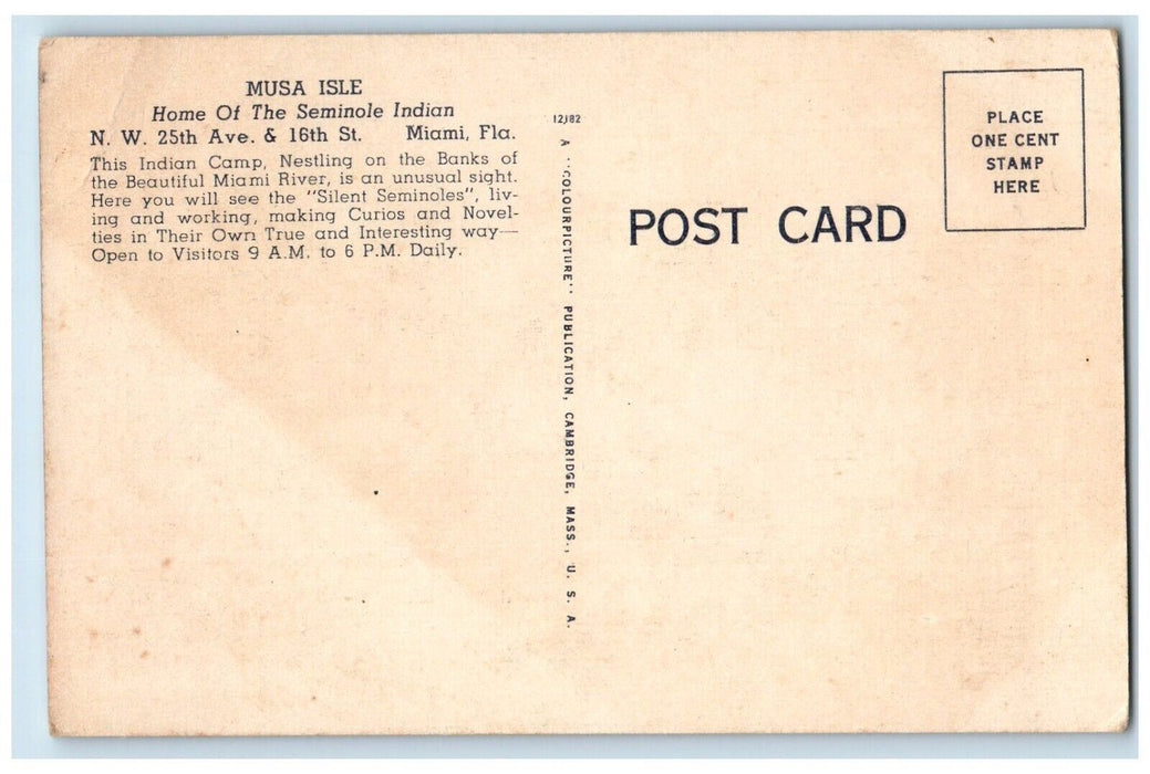 c1940's Musa Isle Seminole Indian Village Hut Palm Tree Miami FL Postcard