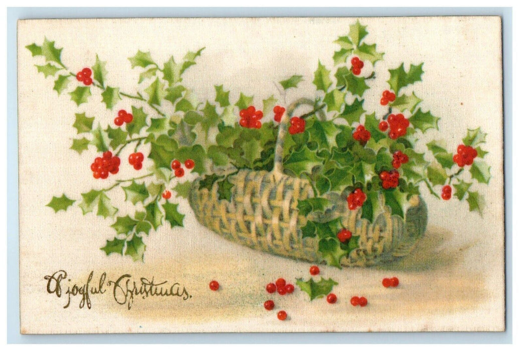 c1905 Silk Joyful Christmas Holly Basket Unposted Antique Postcard