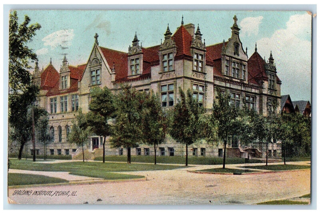 1908 Spalding Institute Building Street View Peora Illinois IL Antique Postcard