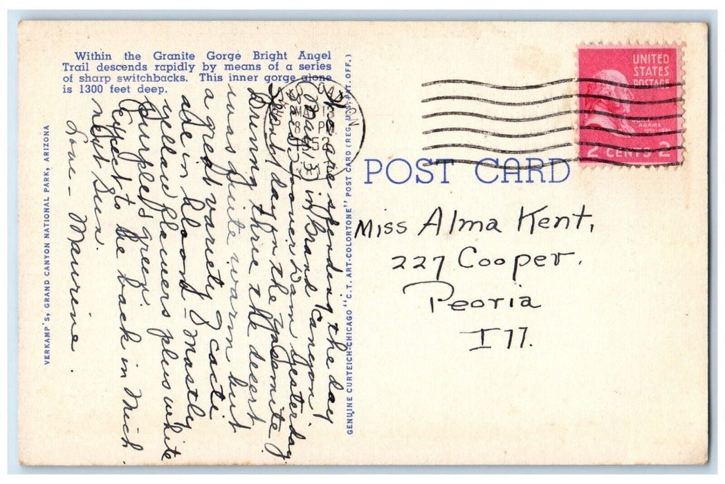 1952 Bright Angel Trail Switchbacks Grand Canyon Arizona AZ Vintage Postcard