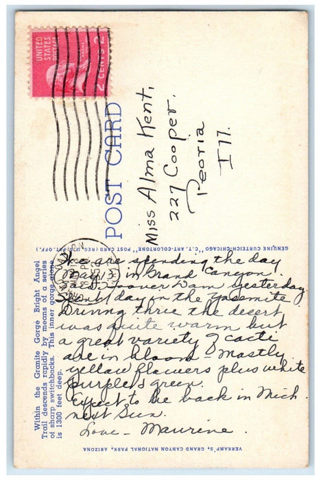 1952 Bright Angel Trail Switchbacks Grand Canyon Arizona AZ Vintage Postcard