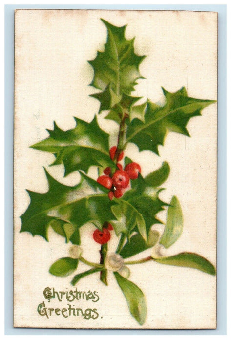 c1905 Silk Christmas Greetings Holly Winch Back Unposted Antique Postcard